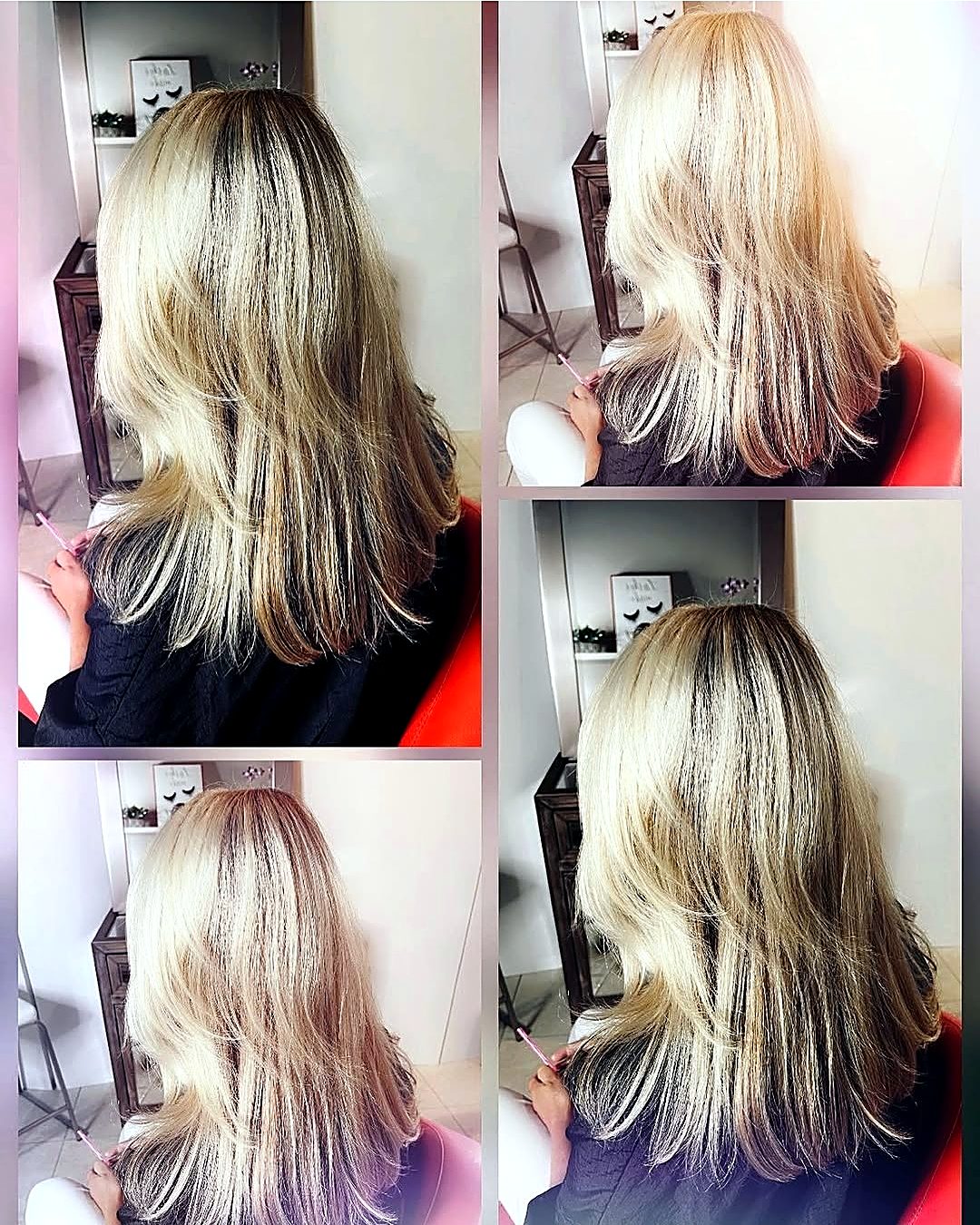 Blonde balayage shown from multiple angles